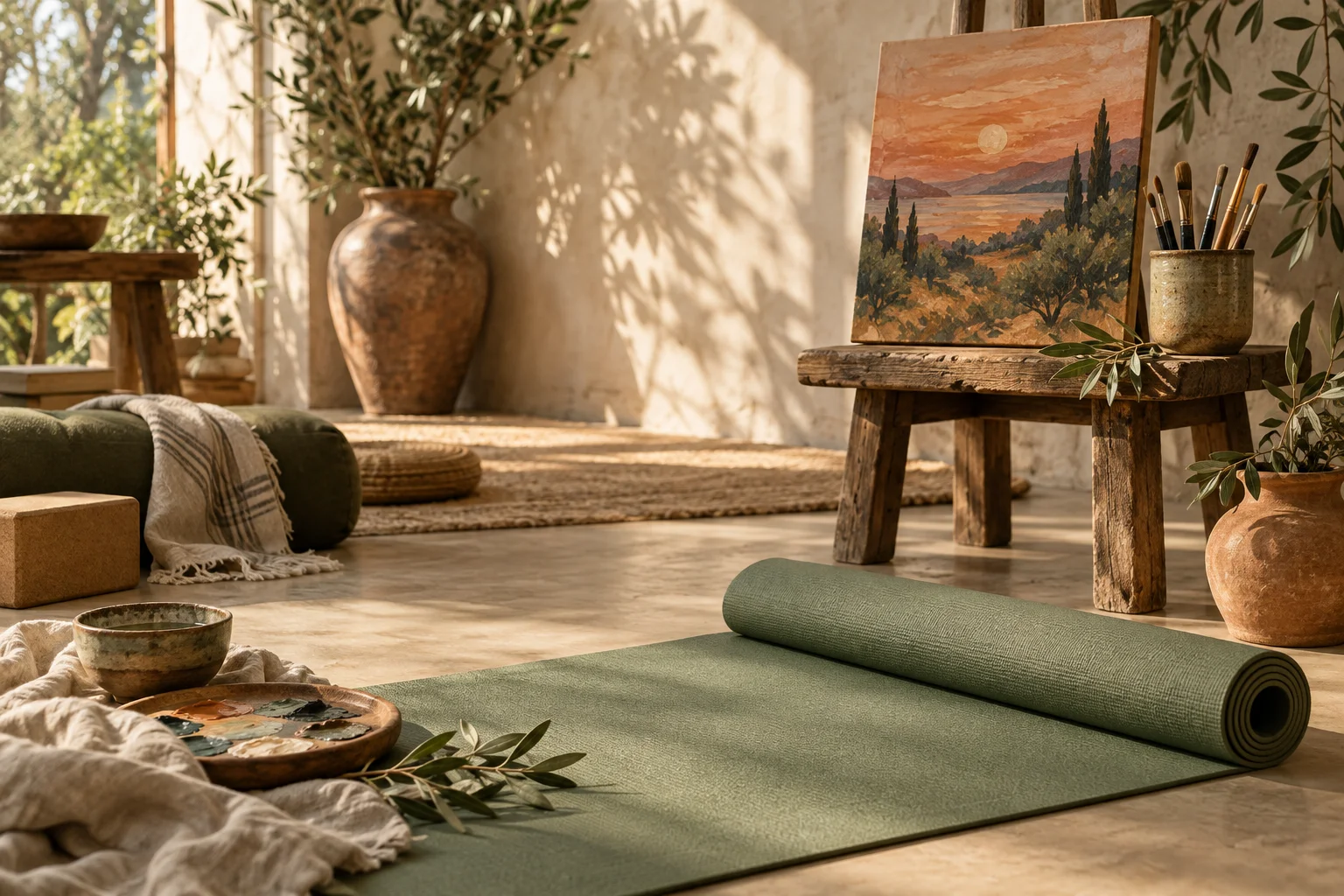 Sunlight across a sage yoga mat, brushes, and a warm sunset painting in a peaceful studio
